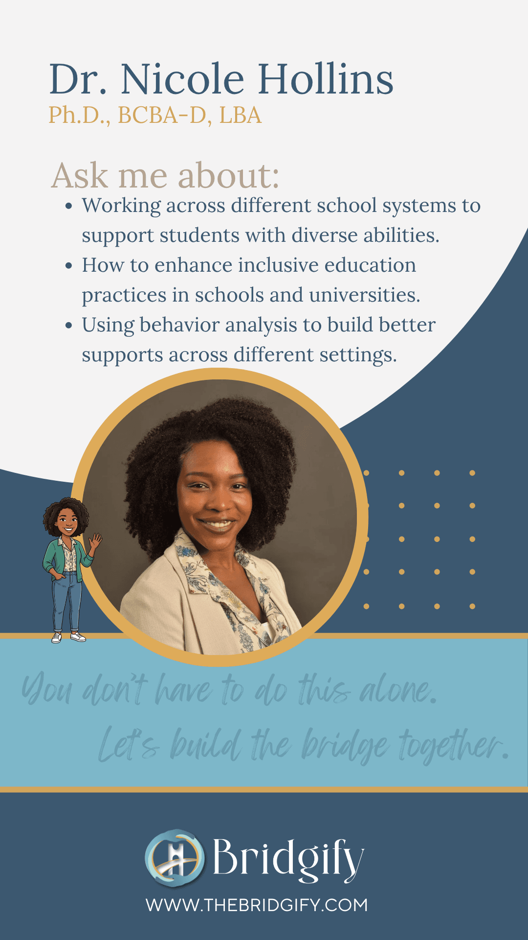 Dr. Nicole Hollins, Ph.D., BCBA-D, LBA — Researcher & Practitioner. Supporting students across school systems, inclusive practices in schools and universities, and behavior analysis.