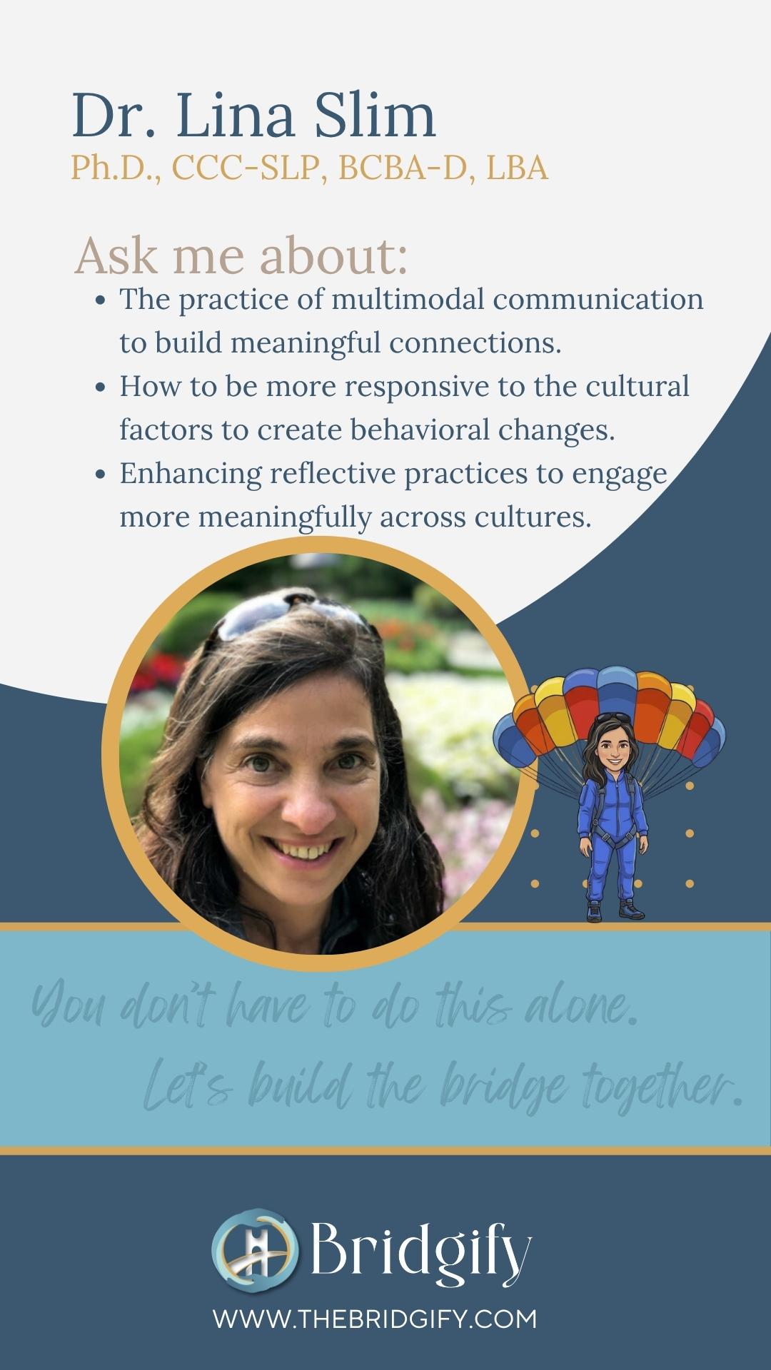 Dr. Lina Slim, Ph.D., CCC-SLP, BCBA-D, LBA — Researcher & Practitioner. Multimodal communication, culturally responsive behavior change, and reflective practice across cultures.